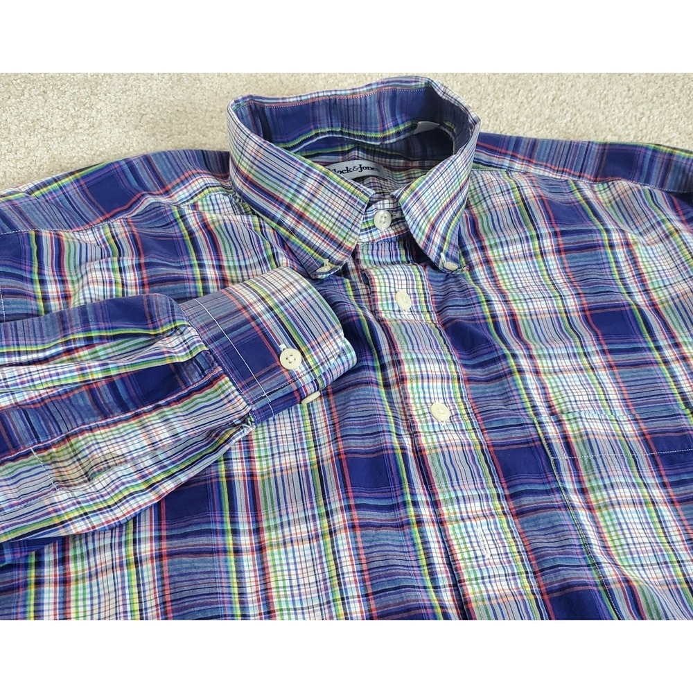 Bullock & Jones Button Down Shirt Men's Large Blue Plaid Long Sleeve SMALL STAIN